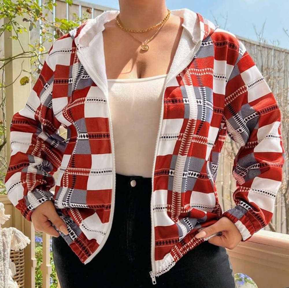 Shein new plus plaid print hooded jacket.
